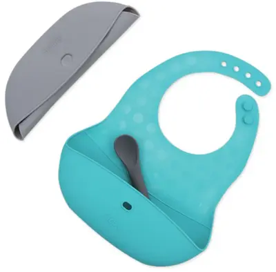 BBLÜV Pocket Bib with Spoon Grey/Aqua 2 Pieces