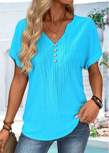 Modlily Blue Button Short Sleeve Split Neck T Shirt - L