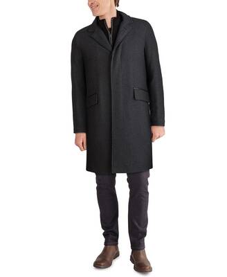 Men's Layered Look Classic-Fit Twill Topcoat with Faux-Leather Trim - Charcol