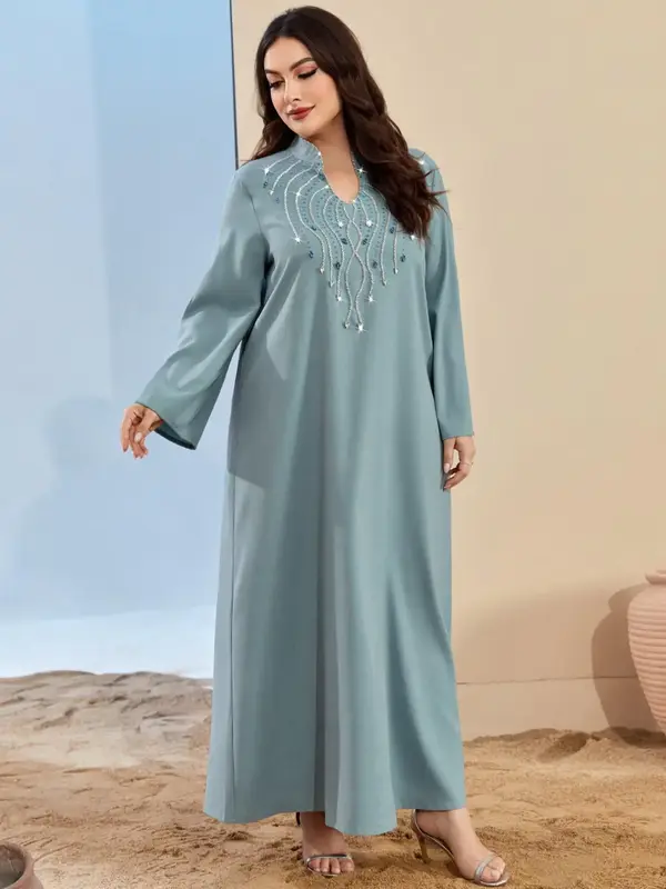 Arabic Clothing-Women's Rhinestone Decor Notched Neck Tunic Dress, Elegant Long Sleeve Arabian Dress For Spring & Fall, Women...