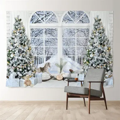 Aperturee White Snow Tree Horse Window Christmas Backdrop