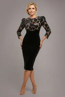 Goddiva Scalloped Crochet & Velvet Midi Dress - Black