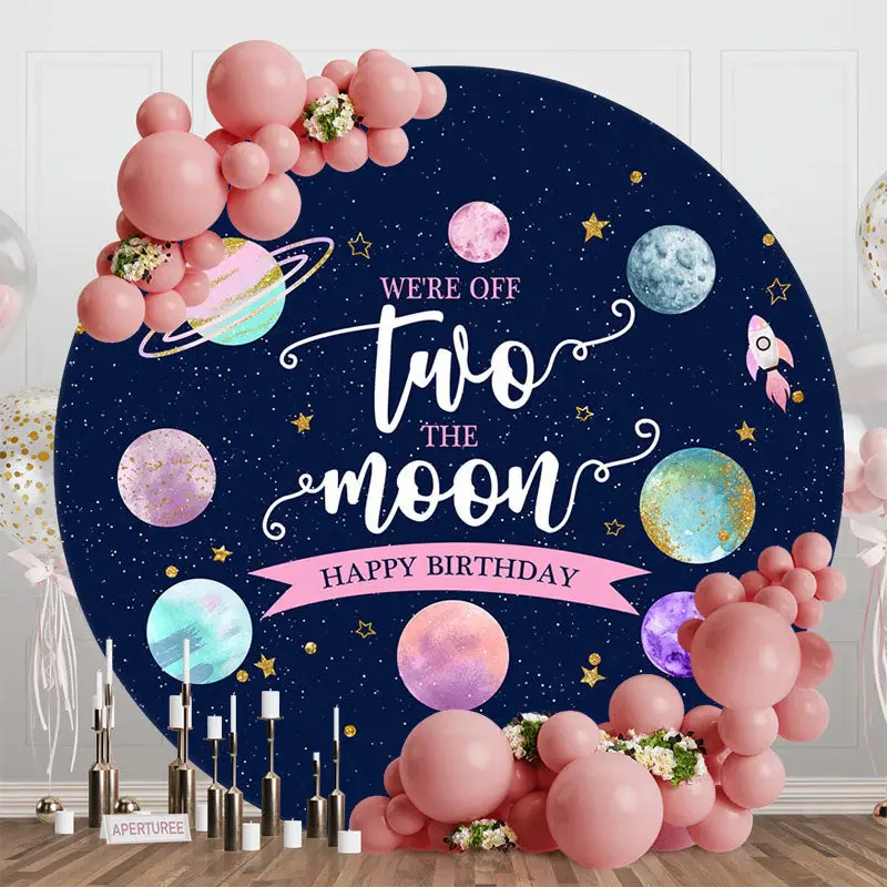 Off Two The Moon Galaxy Round 2nd Birthday Backdrop - Aperturee