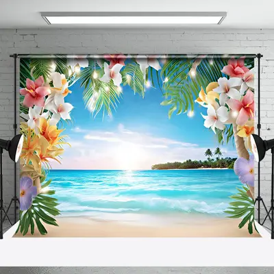 Floral Blue Sky Beach Sunshine Summer Scenery Backdrop - Aperturee