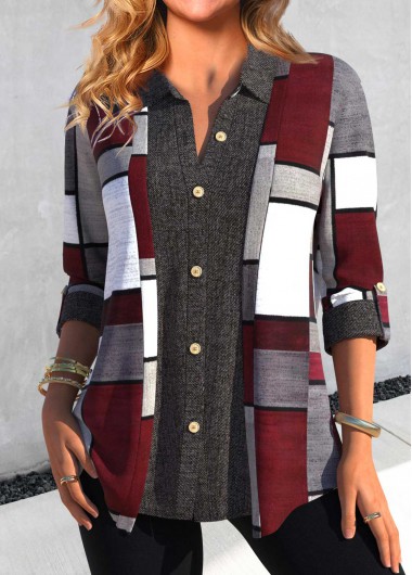 Modlily Dark Grey Button Geometric Print Shirt Collar Blouse - XXL