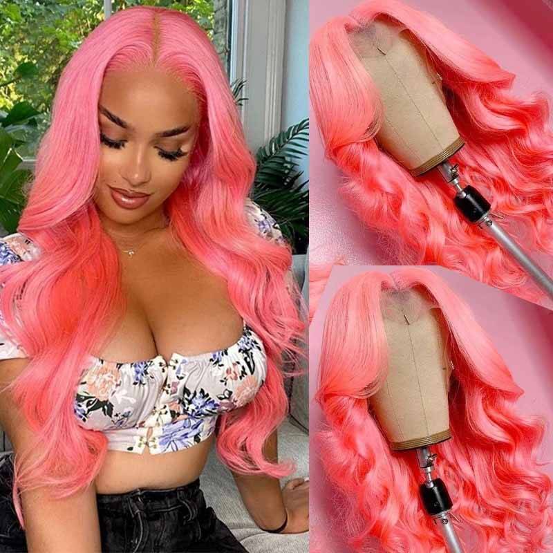 Hot Pink Color Wig Pink 3D Body Wave 13x4 HD Lace Front Human Hair Wigs