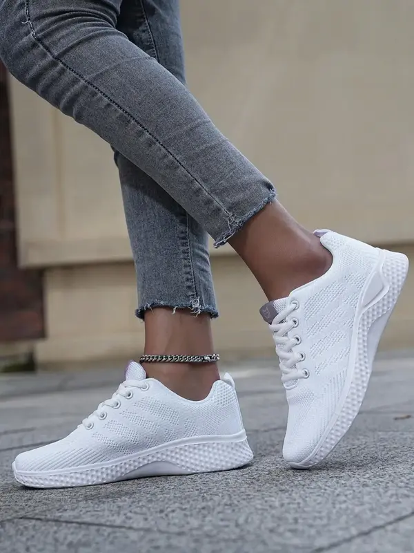 Women's Simple Plain Lace-up Low Top Soft Sole Sneakers, Casual Knit Fabric Breathable Comfortable Sports Walking Shoes, Outd...