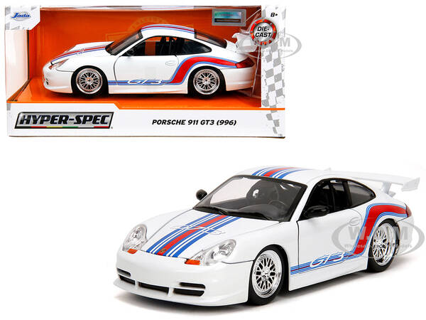 Porsche 911 GT3 (996) White with Red and Blue Stripes Hyper-Spec Series 1/24 Diecast Model Car by Jada