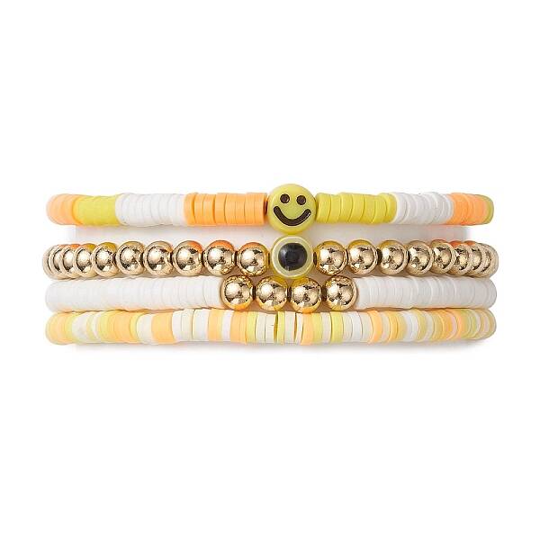4Pcs Evil Eye & Smiling Face Polymer Clay & Plastic Beaded Stretch Bracelet Sets