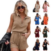 Tankaneo Women's Casual Sleeveless Short Rompers Summer Half Zip Lapel Collar Drawstring Knit One Piece Jumpsuit with Pockets...