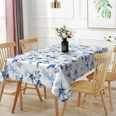 Blue Flowers Leaves Repeat Rectangle Tablecloth - Aperturee