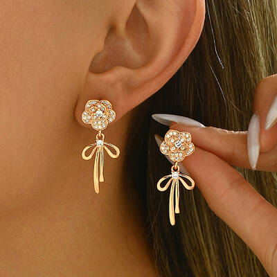Elegant Brass Pave Clear Cubic Zirconia Flower with Bowknot Stud Earrings
