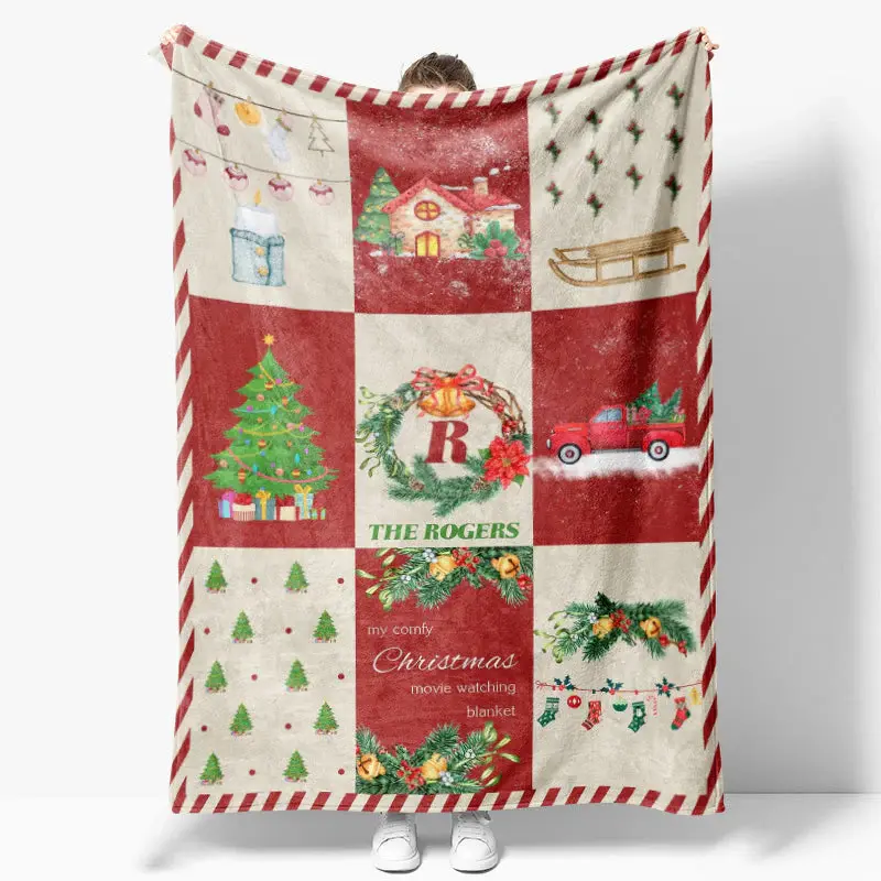 Custom Name Red Plaid Family Merry Christmas Blanket - Aperturee