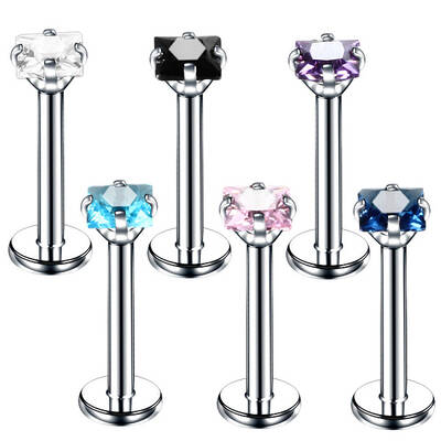 Square 304 Stainless Steel Cubic Zirconia 15 Gauge Internally Threaded Labrets for Women Men