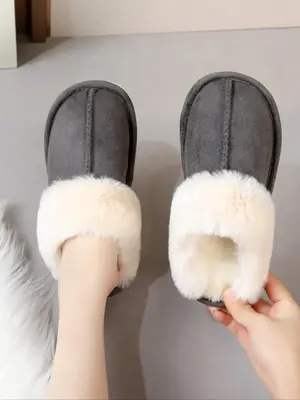Women's Casual Minimalist Fluffy Plush Trim Lined House Slippers, Trendy Soft Plain Color Home Slippers, Warm Fuzzy Slippers ...