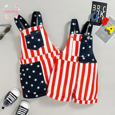 Infant Baby Independence Day Jumpsuit, Star Stripe Print Sleeveless Suspender Pants Cute Style Clothing Overalls, Independenc...