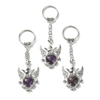 Natural Amethyst Heart with Wing Pendant Keychain