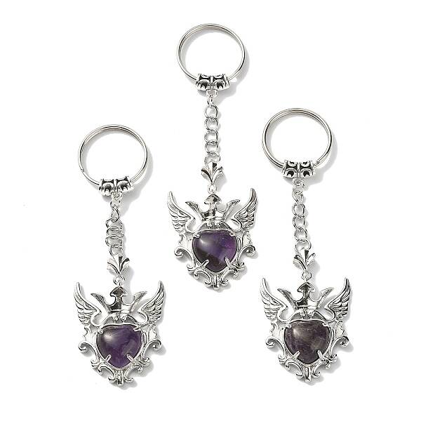 Natural Amethyst Heart with Wing Pendant Keychain