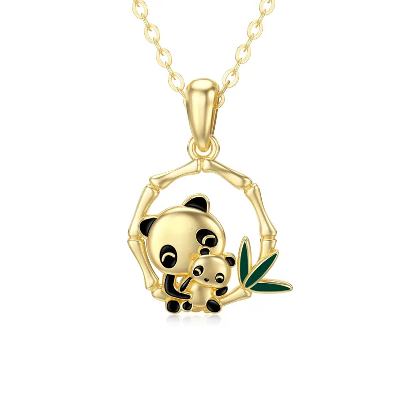 14K Gold Moissanite Panda & Bamboo Pendant Necklace