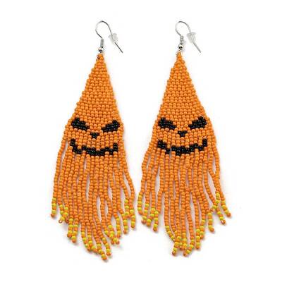 Boho Seed Bead Halloween Pumpkin Tassel Earrings