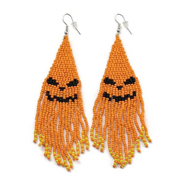 Boho Seed Bead Halloween Pumpkin Tassel Earrings