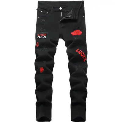 Boy's Embroidered Skinny Jeans Slim Fit Ripped Destroyed Distressed Fashion Denim Pants Black Jeans