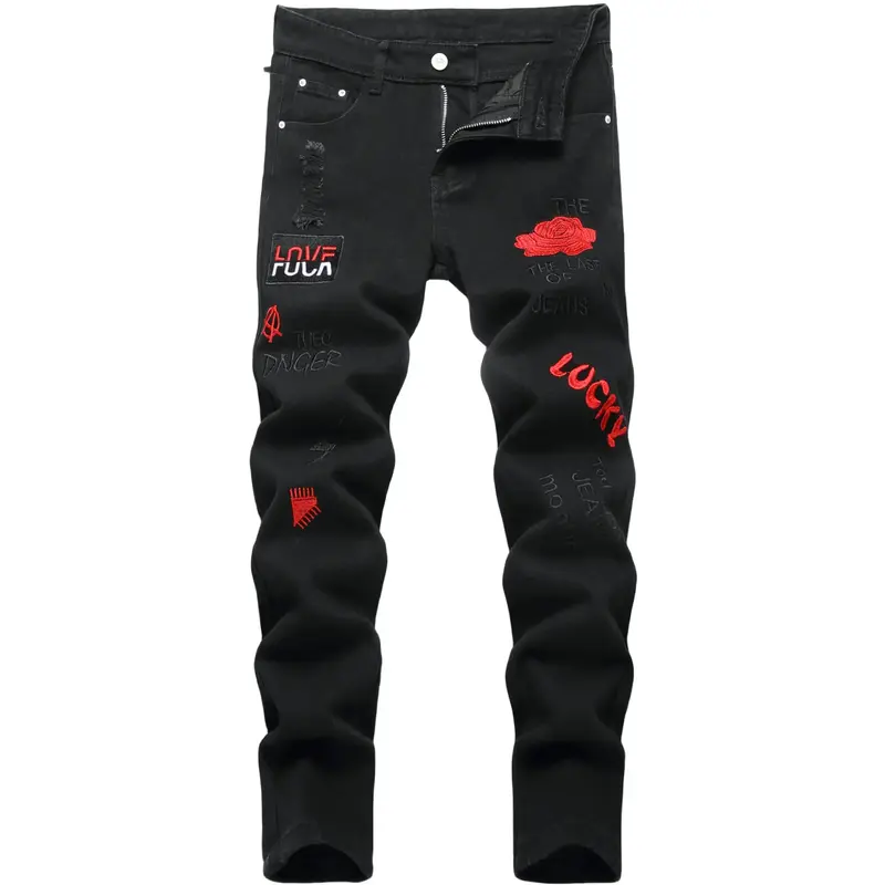 Boy's Embroidered Skinny Jeans Slim Fit Ripped Destroyed Distressed Fashion Denim Pants Black Jeans
