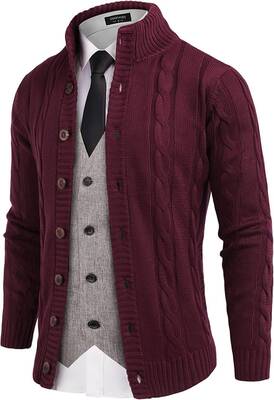 Cardigan Cable Knitted Button Down Sweater (US Only), Wine Red / S