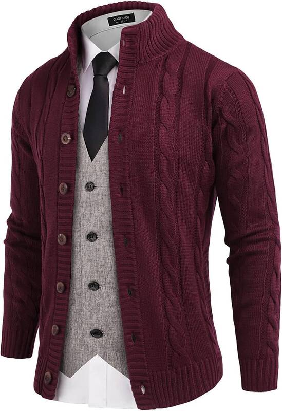 Cardigan Cable Knitted Button Down Sweater (US Only), Wine Red / S