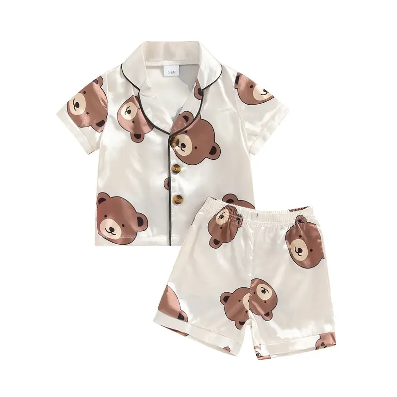 Kids Toddler Baby Girl Boy Satin Pajamas Set Bear Print Short Sleeve Button Down Shirt Shorts Pjs Summer Sleepwear Nightwear ...