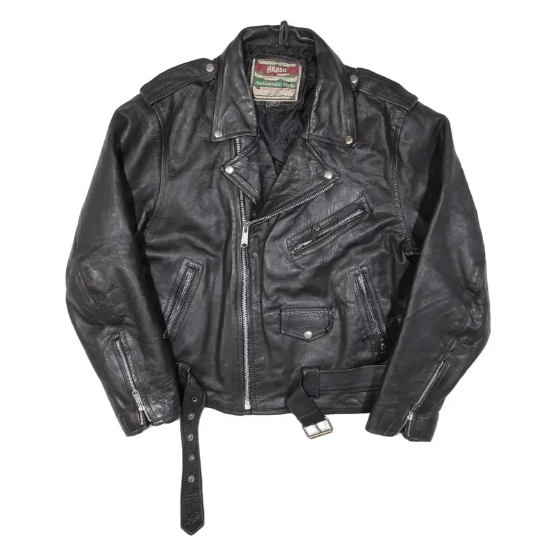 AKASO Mens Biker Jacket Black Leather 90s USA M