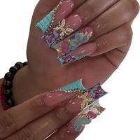 Butterfly & Flower Decor Fake Nails with Nail File & Tape, 24pcs/set Long Square Press on Nails for Women & Girls DIY Nail Ar...