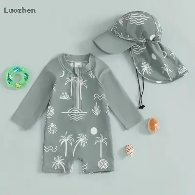 Infant Boy Baby Cute Fashion Sun Protection Swimsuit Coconut Tree Print Long Sleeve Turtleneck Zipper Swimsuit with Hood 2-Pi...