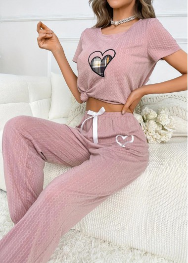 Modlily Pink Heart Print Short Sleeve Lounge Top and Pants - S