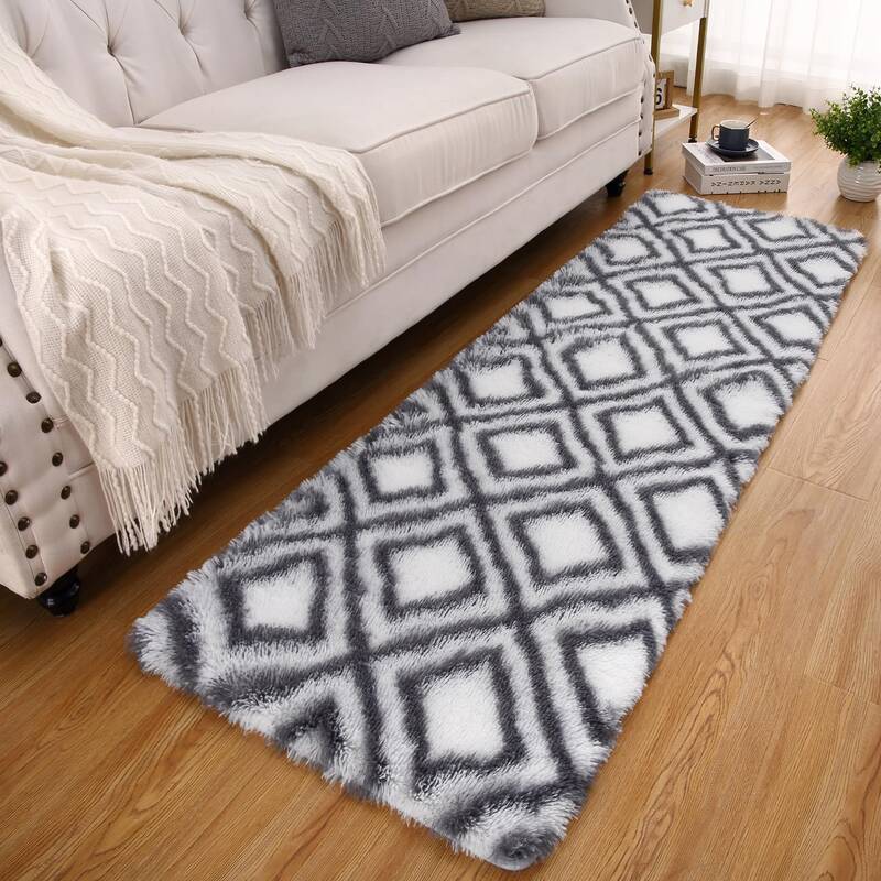 Garvee Grey & White Runner Rug 2x8 Shag Rug for Living Room Shaggy Rug Kids Rug Plush Rug Geometric Bedroom Carpet Fluffy Rug...
