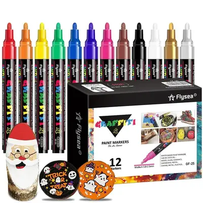 Multifunctional Acrylic Marker Drawing Pen, 12pcs/set Painting Coloring Pen, Art Supplies for Rock Painting Wood Plastic Canv...