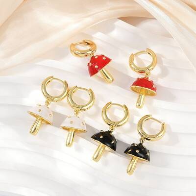 Mushroom Brass Enamel Hoop Earrings