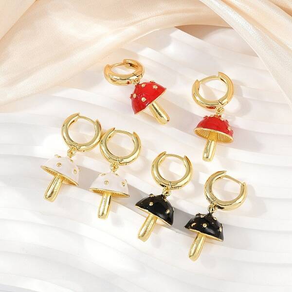 Mushroom Brass Enamel Hoop Earrings