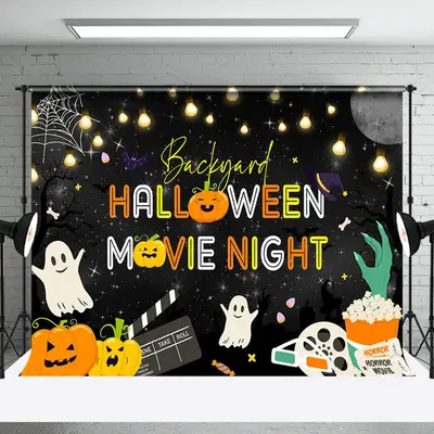 Bats Popcorn Black Halloween Movie Night Backdrop