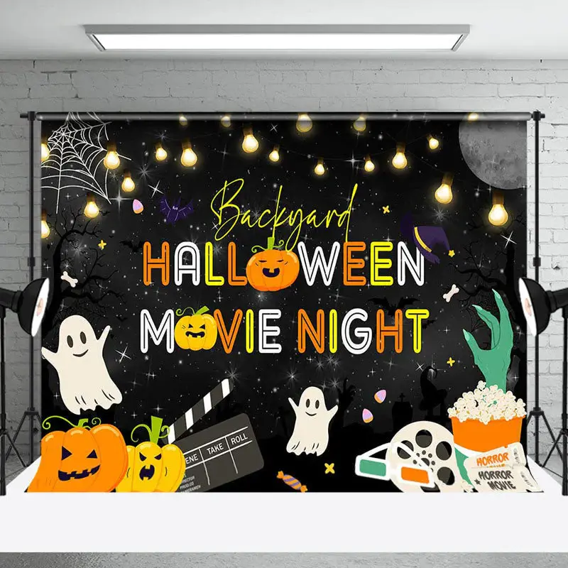 Bats Popcorn Black Halloween Movie Night Backdrop