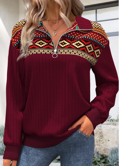 Modlily Deep Red Zipper Tribal Print Long Sleeve Sweatshirt - M