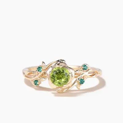 Round Cut Peridot Floral Engagement Ring Emerald Leaf Nature Inspired Ring