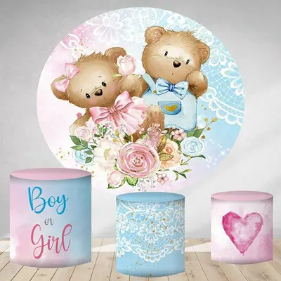 Aperturee Blue And Pink Teddy Bear Round Baby Shower Backdrop | Circle Backdrop Baby Shower | Round Party Backdrop | Round Ba...