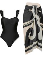 Women's Ruffle Trim Ruched Design One-piece Swimsuit & Knot Front Cover Up Skirt Set, Casual Removable Padded Swimwear Outfit...