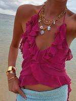 Women's Plain Ruffle Trim Cami Top, Casual Sleeveless Backless Top for Summer, Ladies Clothes for Beach Holiday Vacation, Wom...