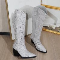 Women's Fashionable Boots Thick Heels Full of Diamond High Heels Knee Boots 2024 Girl Walking Shoes Footwear