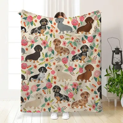 Cute Dachshund Pattern Blanket, Soft Comfortable Warm Throw, Air-conditioned Room Blanket, Warm Nap Blanket for Home & Office...