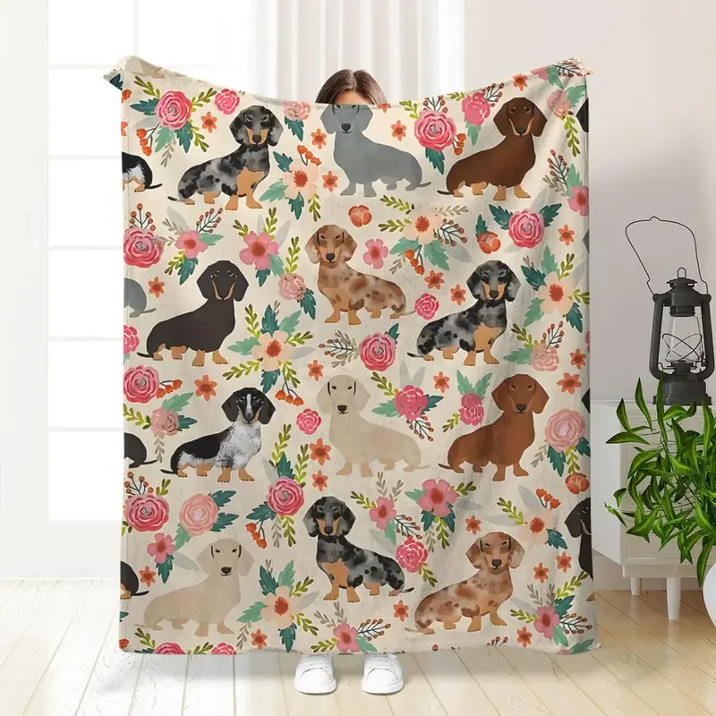 Cute Dachshund Pattern Blanket, Soft Comfortable Warm Throw, Air-conditioned Room Blanket, Warm Nap Blanket for Home & Office...