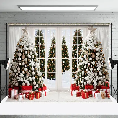 Aperturee Cozy White Room Window Snow Christmas Tree Backdrop - Aperturee