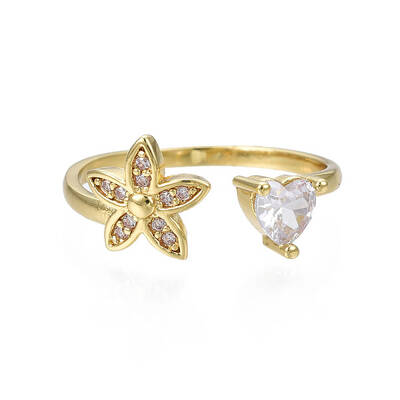 Cubic Zirconia Flower and Heart Open Cuff Ring